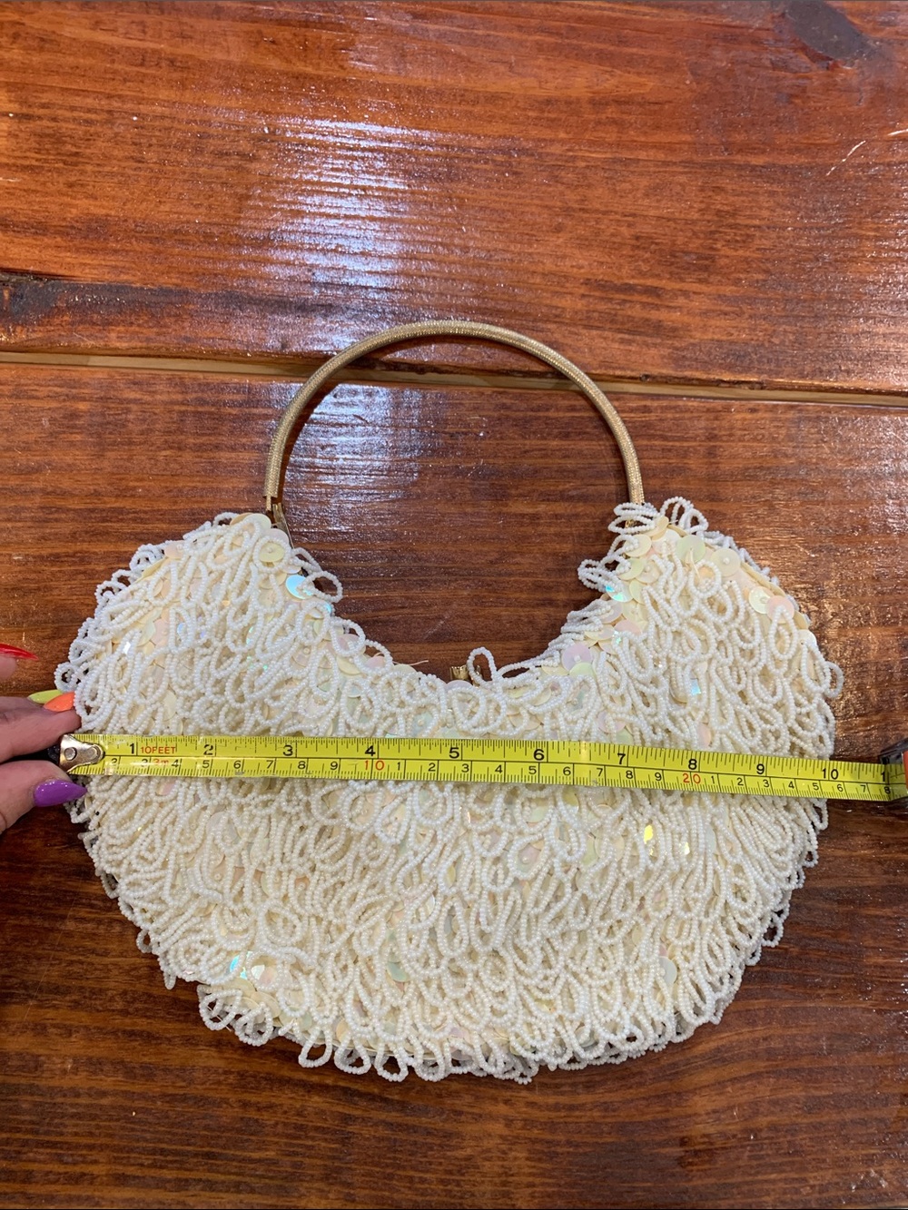 Vintage 1960s Beaded Ring Handle Evening Bag - Picture 6 of 17